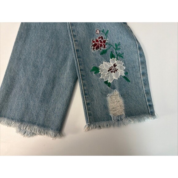 POL Floral Embroidered Crop Distressed 100% Cotton Jeans Bohemian Raw Hem Sz S - Picture 8 of 9
